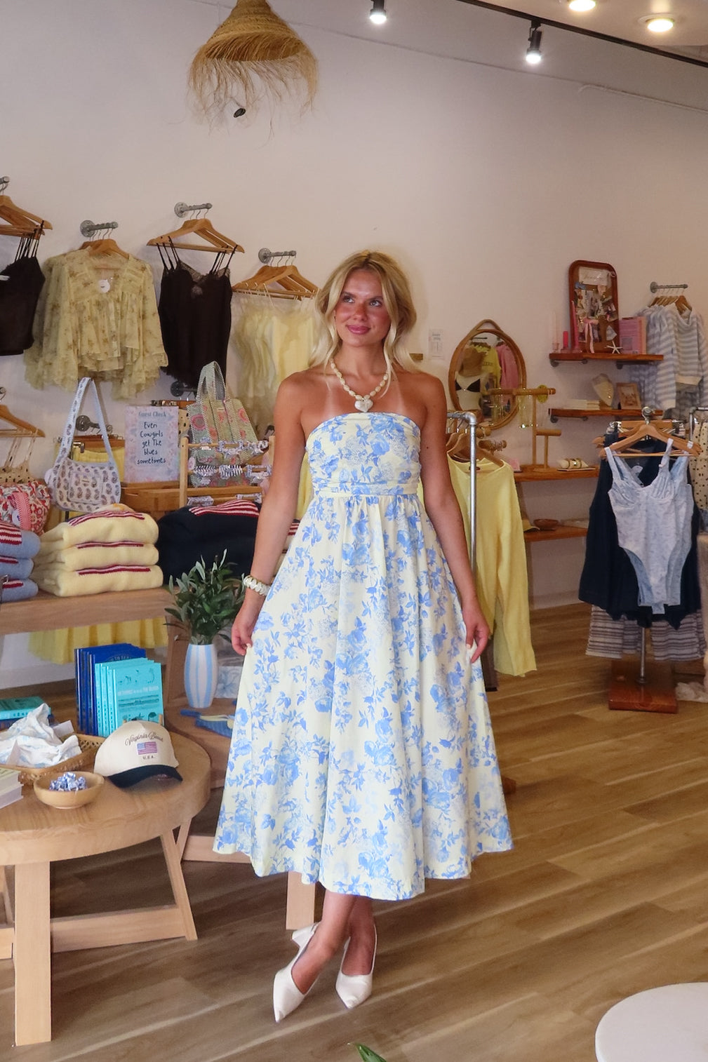 Blue, floral strapless maxi dress with ruched bust, flared hem, and smocked back, Pixelated Boutique, Women's Clothing, Virginia Beach Clothing Stores, Clothing Stores in Virginia Beach, Virginia Beach Boutique, 757 Boutique, Online Shopping for Women, summer aesthetic, brunch outfit, vacation style, vacation outfits, beach boutique