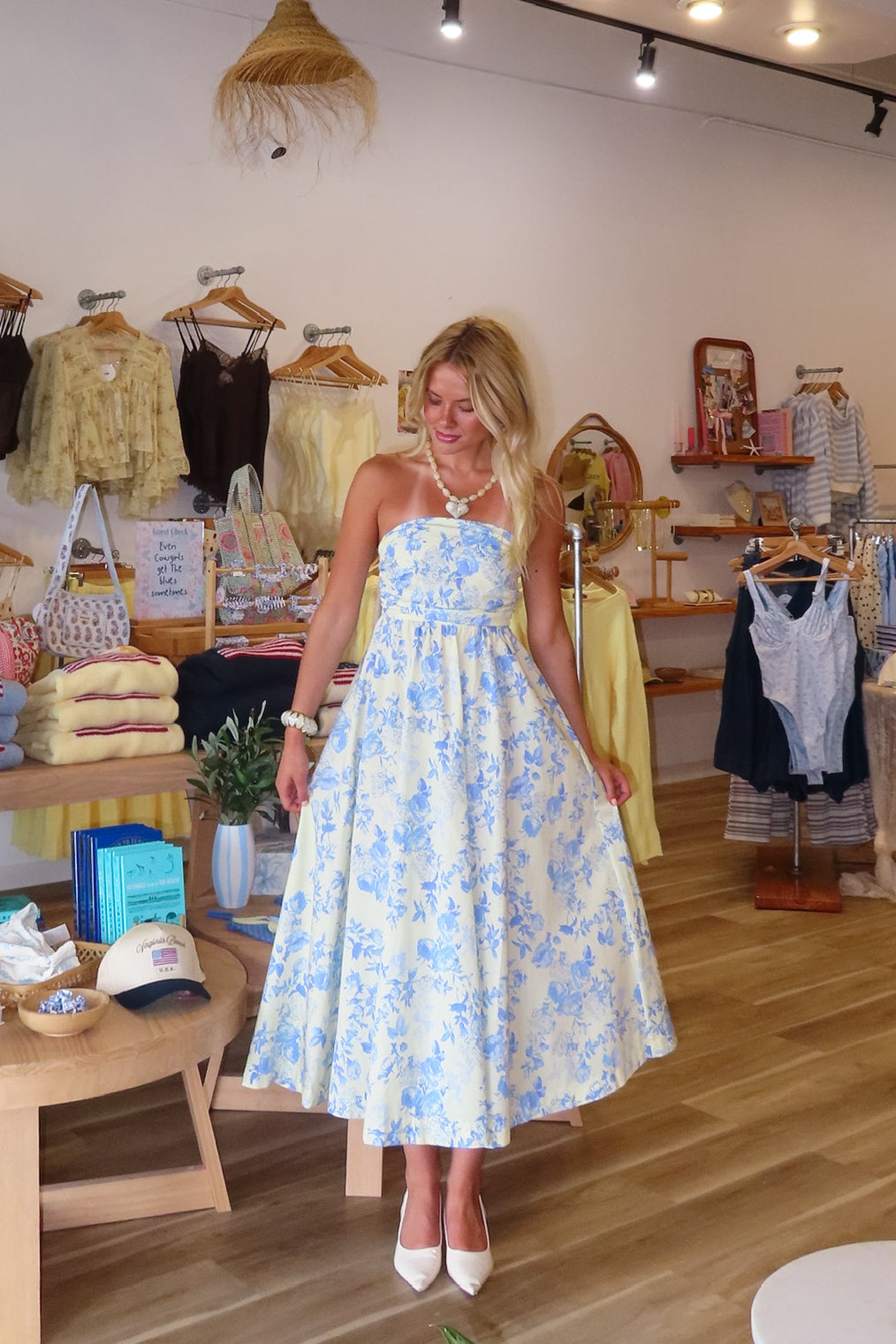 Blue, floral strapless maxi dress with ruched bust, flared hem, and smocked back, Pixelated Boutique, Women's Clothing, Virginia Beach Clothing Stores, Clothing Stores in Virginia Beach, Virginia Beach Boutique, 757 Boutique, Online Shopping for Women, summer aesthetic, brunch outfit, vacation style, vacation outfits, beach boutique