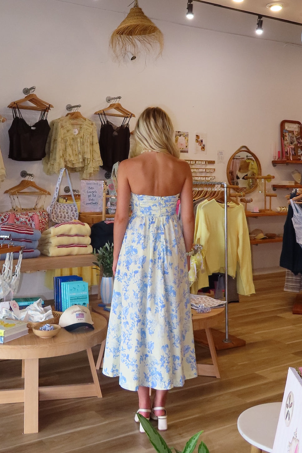 Blue, floral strapless maxi dress with ruched bust, flared hem, and smocked back, Pixelated Boutique, Women's Clothing, Virginia Beach Clothing Stores, Clothing Stores in Virginia Beach, Virginia Beach Boutique, 757 Boutique, Online Shopping for Women, summer aesthetic, brunch outfit, vacation style, vacation outfits, beach boutique