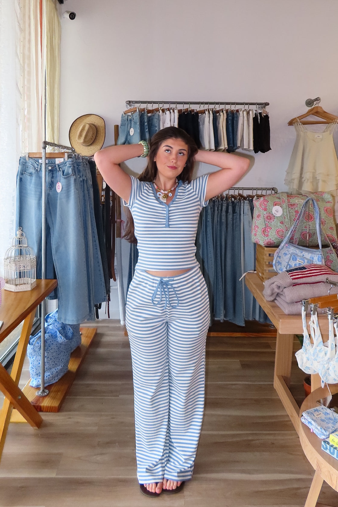 Blue, striped pants with drawstring waist and side pockets, coastal striped matching set, striped lounge set, matching set for summer, co-ord lounge set, cozy summer outfit, beach fashion, summer 2026 fashion trends, trendy matching set