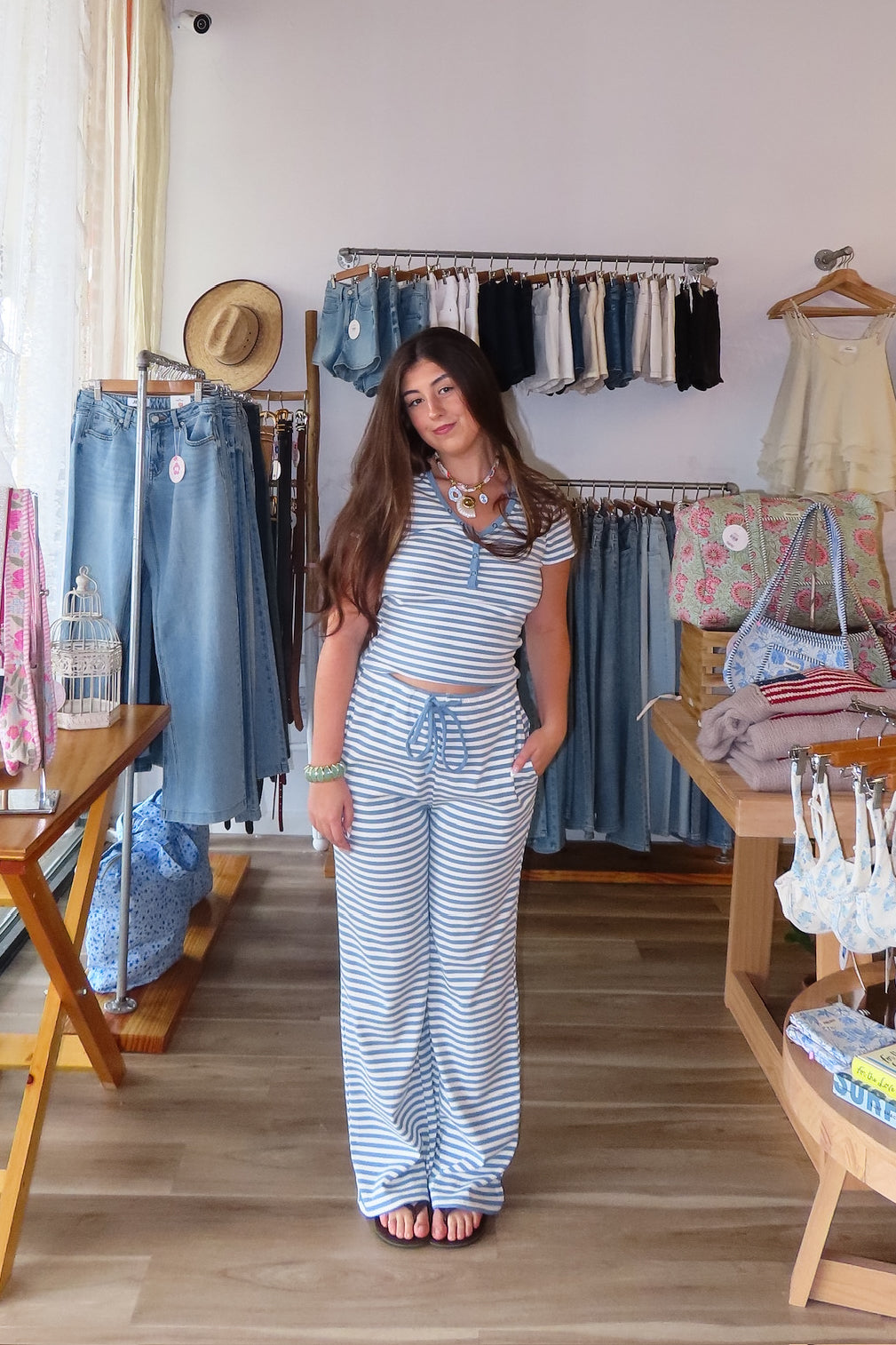 Blue, striped pants with drawstring waist and side pockets, coastal striped matching set, striped lounge set, matching set for summer, co-ord lounge set, cozy summer outfit, beach fashion, summer 2026 fashion trends, trendy matching set
