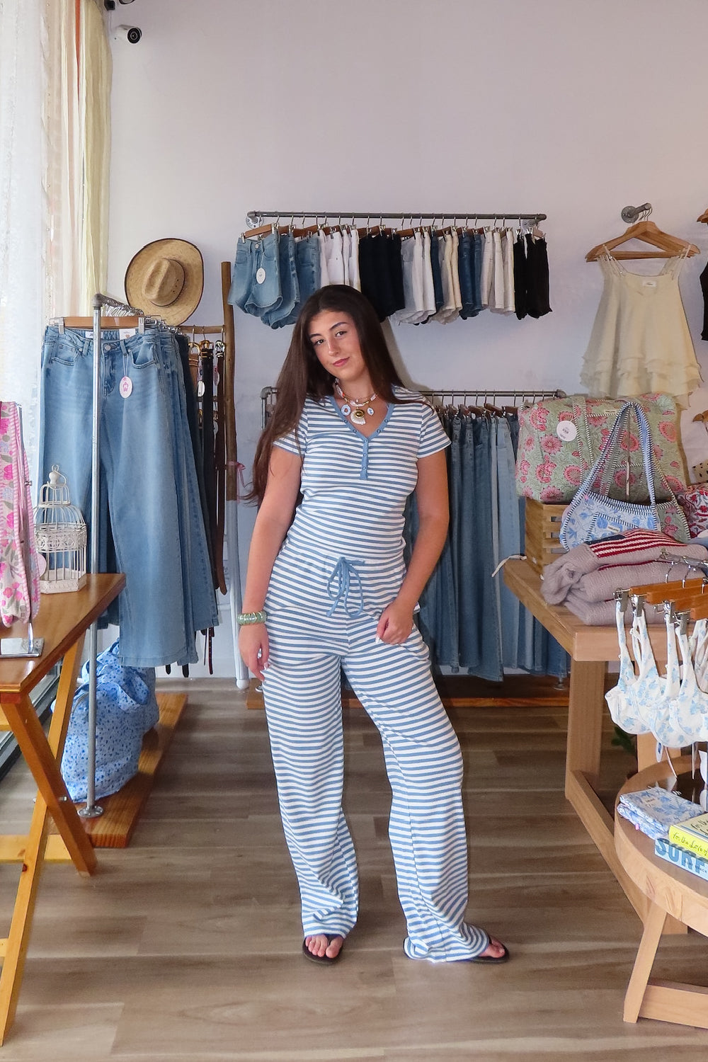 Blue, striped pants with drawstring waist and side pockets