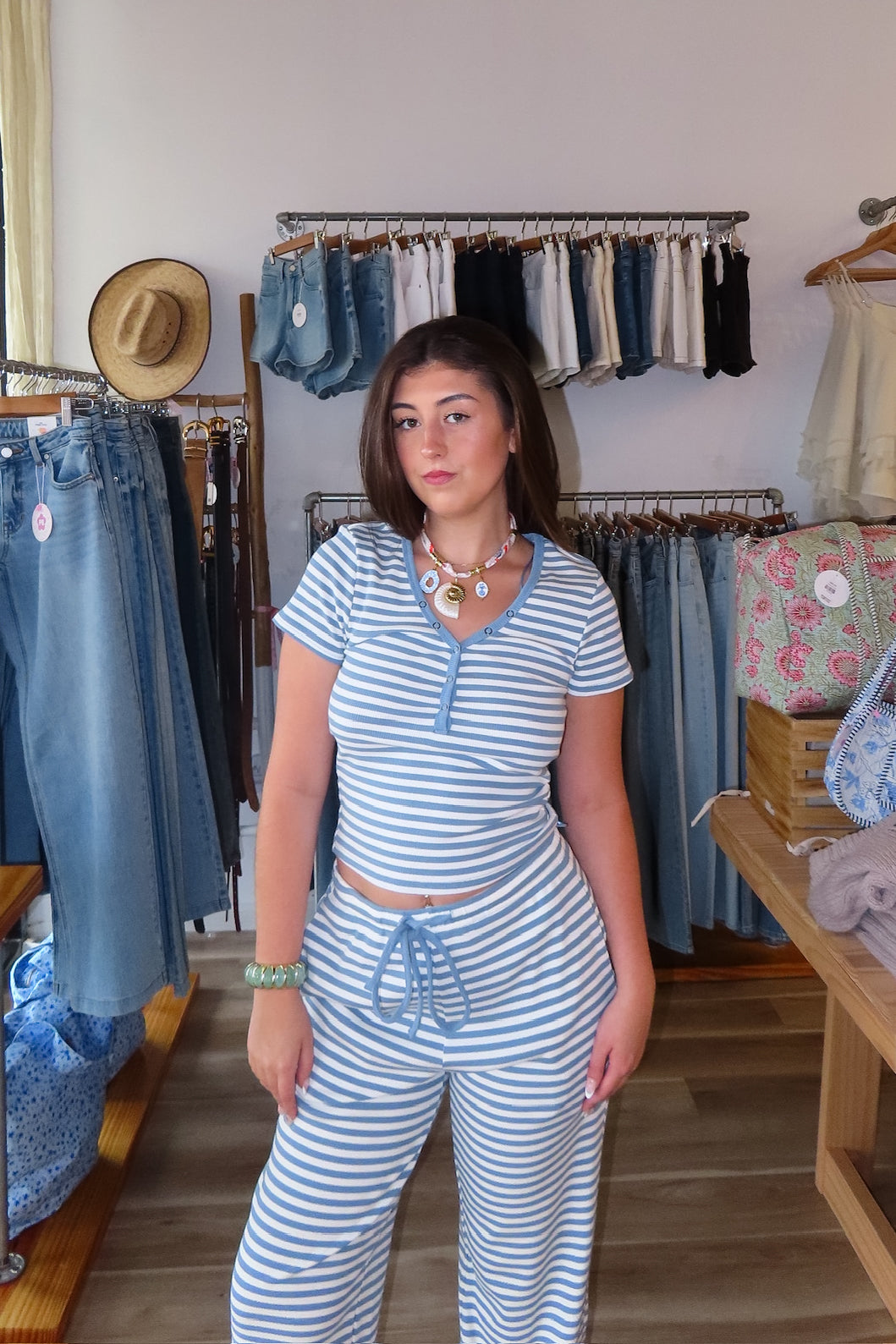 Blue, striped top with snap buttons and short sleeves, coastal striped matching set, striped lounge set, matching set for summer, co-ord lounge set, cozy summer outfit, beach fashion, summer 2026 fashion trends, trendy matching set