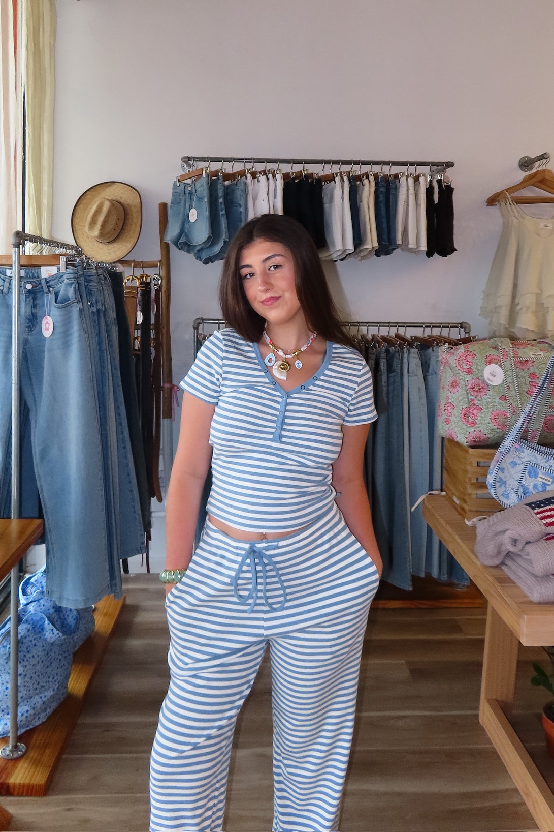 Blue, striped top with snap buttons and short sleeves, coastal striped matching set, striped lounge set, matching set for summer, co-ord lounge set, cozy summer outfit, beach fashion, summer 2026 fashion trends, trendy matching set