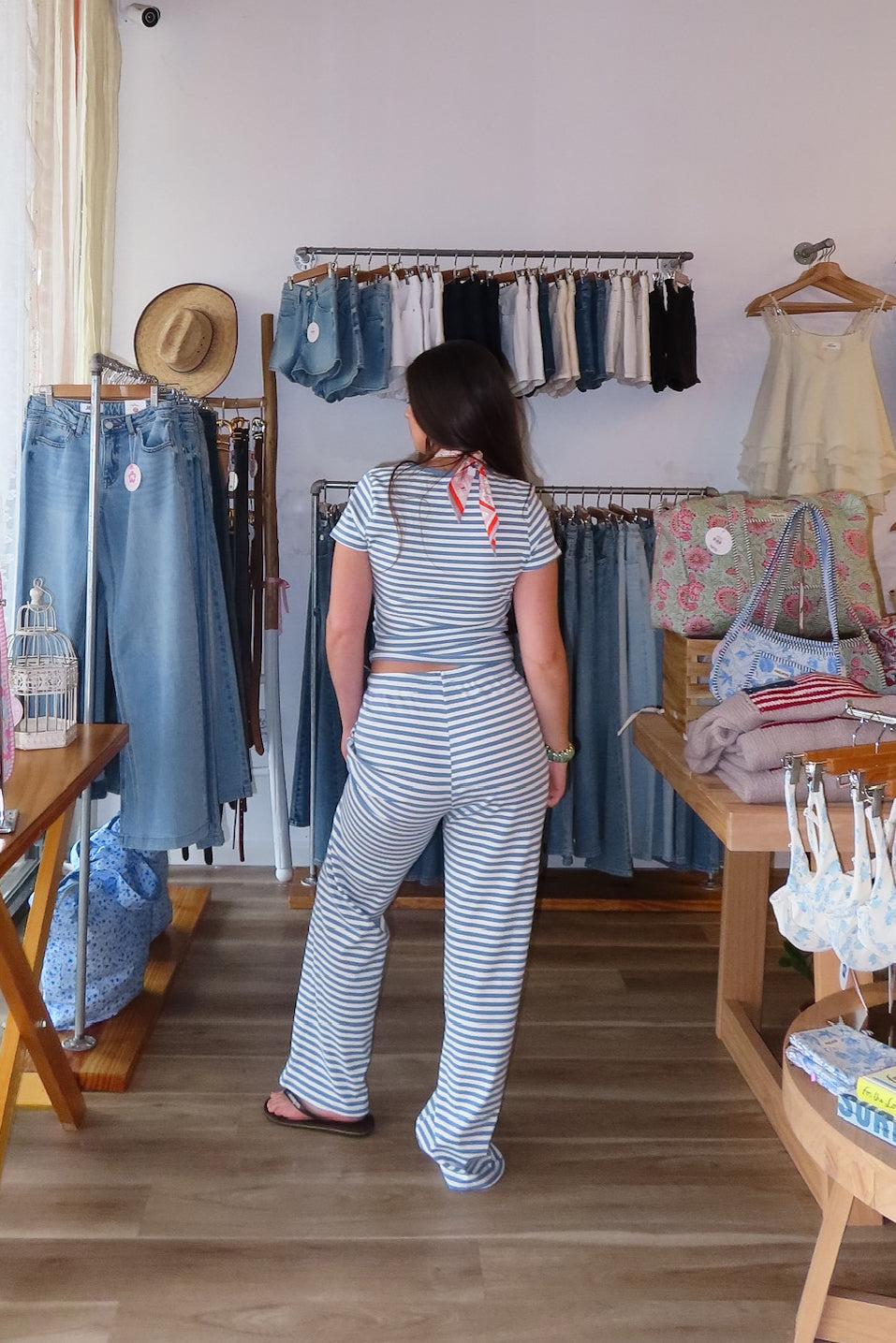 Blue, striped pants with drawstring waist and side pockets, coastal striped matching set, striped lounge set, matching set for summer, co-ord lounge set, cozy summer outfit, beach fashion, summer 2026 fashion trends, trendy matching set