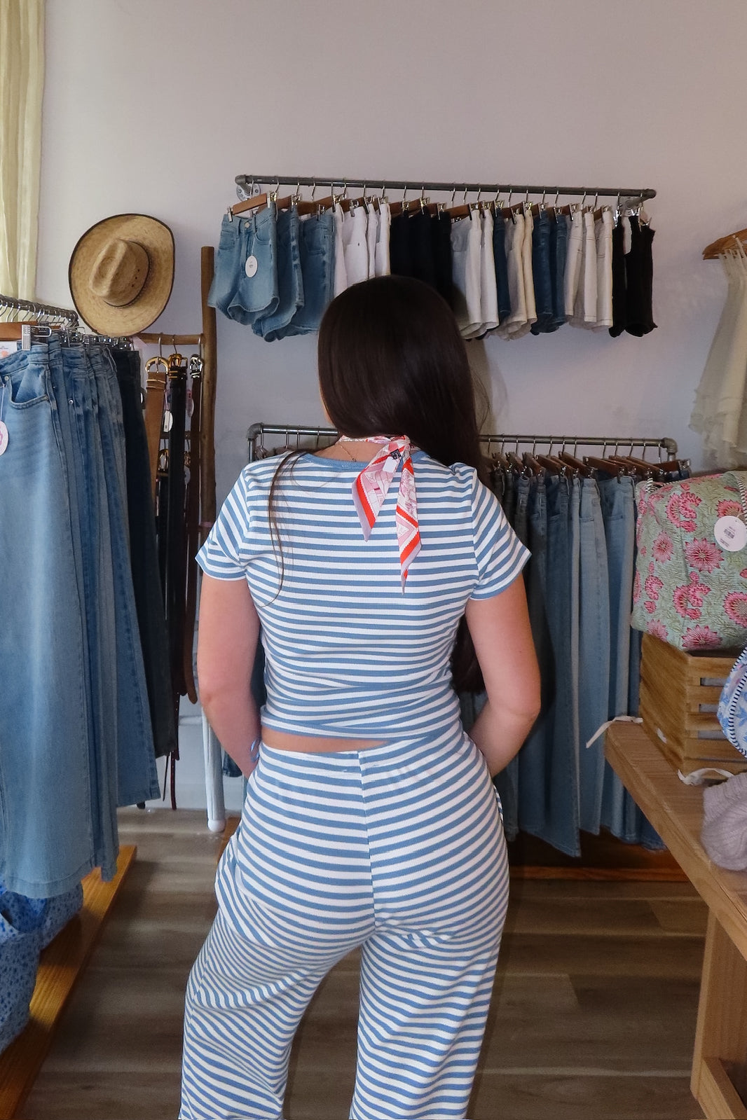 Blue, striped top with snap buttons and short sleeves, coastal striped matching set, striped lounge set, matching set for summer, co-ord lounge set, cozy summer outfit, beach fashion, summer 2026 fashion trends, trendy matching set