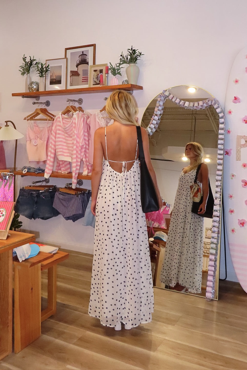 Cream, polka dot maxi dress with V neckline, keyhole cutout with button, back tie, and cross straps, Pixelated Boutique, 757 Boutique, fashion, summer aesthetic, women’s trendy summer outfit, spring break, vacation style, vacation outfits, beach boutique, beach fashion, beach outfits, coastal aesthetic clothing, maxi dress, formal dress, wedding guest dress, satin slip dress, prom dress, graduation party dress