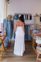 White, strapless maxi dress with sweetheart neckline, ruched bust with knot, and asymmetric ruffled hem
Virginia Beach Boutique, 757 Boutique, fashion, summer aesthetic, women’s trendy summer outfit, spring break, vacation style, vacation outfits, beach boutique, beach fashion, beach outfits, coastal aesthetic clothing, maxi dress, formal dress, wedding guest dress, satin slip dress, prom dress, graduation party dress