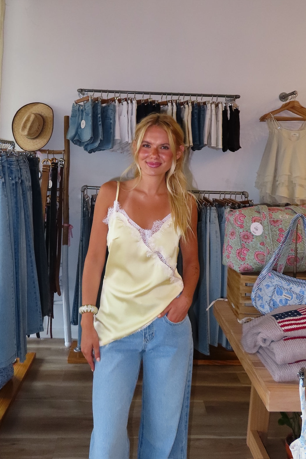 Yellow, satin cami top with lace trim, asymmetrical hem, adjustable straps, and side zipper, women’s lace going out top, date night lace top, asymmetrical hem top, girls night out top, vacation dinner outfit top