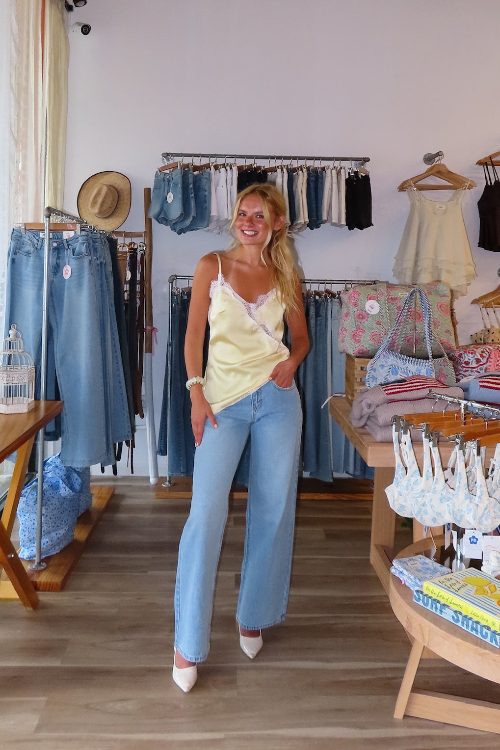Blue, light wash jeans with mid-rise and wide leg, vintage fit denim jeans for summer, brunch outfit, Pixelated Boutique, Women's Clothing, Virginia Beach Clothing Stores, Clothing Stores in Virginia Beach, Virginia Beach Boutique, 757 Boutique, Online Shopping for Women,