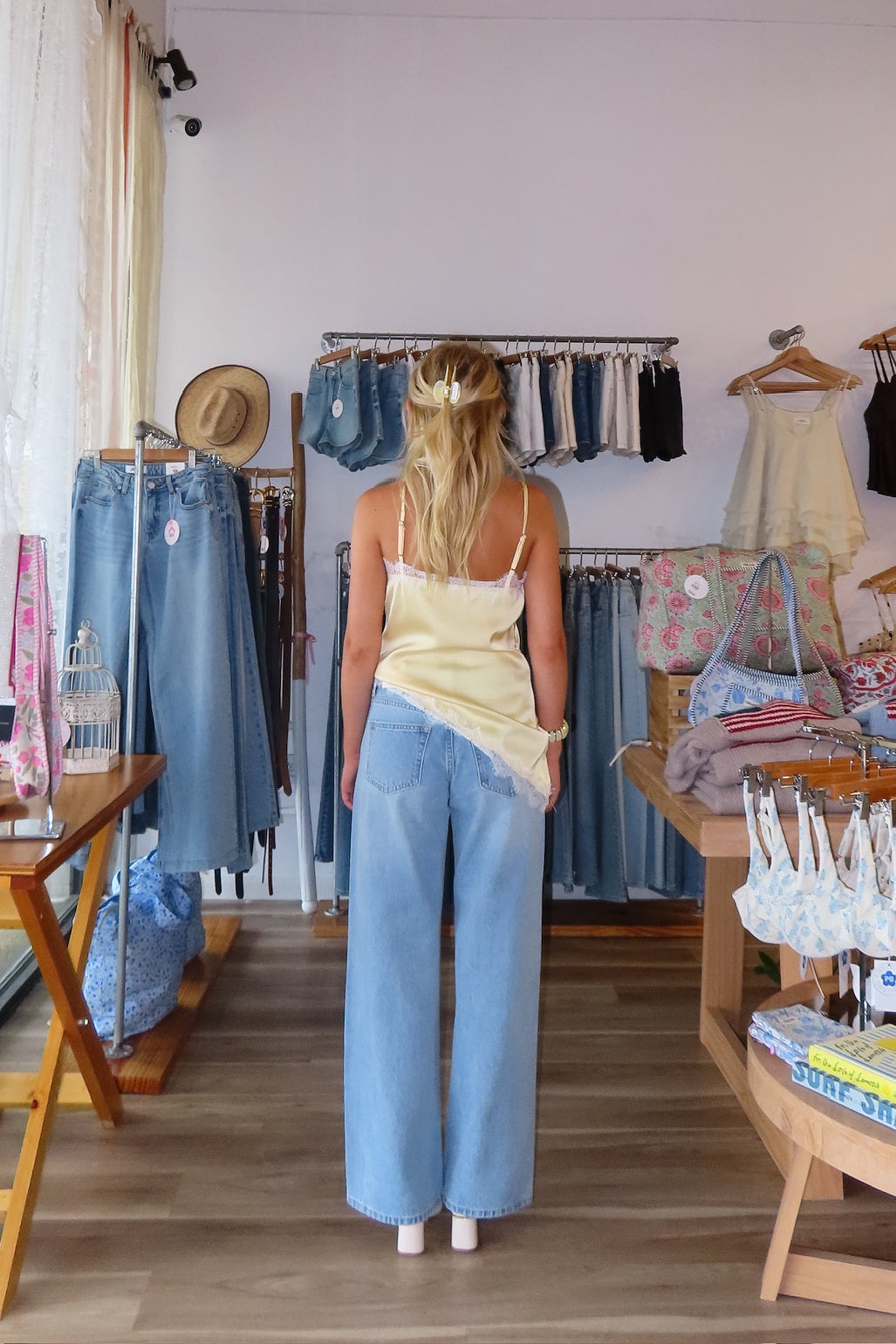 Blue, light wash jeans with mid-rise and wide leg, vintage fit denim jeans for summer, brunch outfit, Pixelated Boutique, Women's Clothing, Virginia Beach Clothing Stores, Clothing Stores in Virginia Beach, Virginia Beach Boutique, 757 Boutique, Online Shopping for Women,