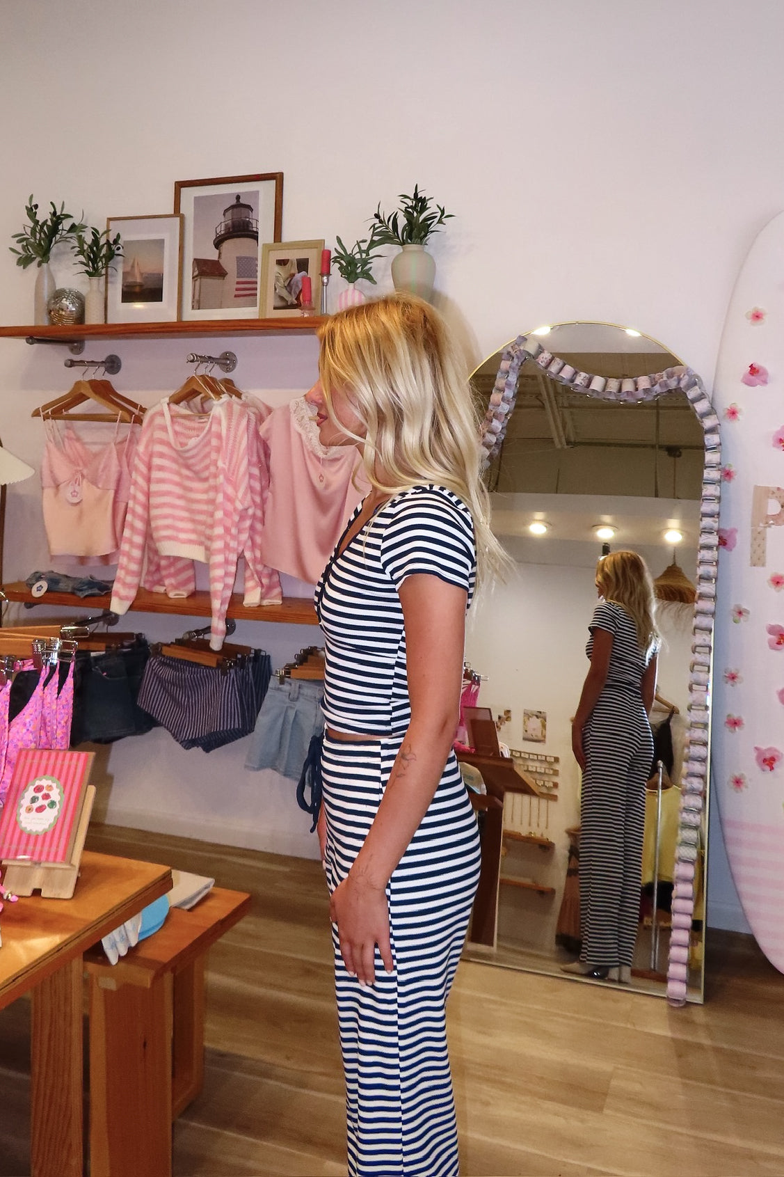 Blue, striped top with snap buttons and short sleeves, coastal striped matching set, striped lounge set, matching set for summer, co-ord lounge set, cozy summer outfit, beach fashion, summer 2026 fashion trends, trendy matching set