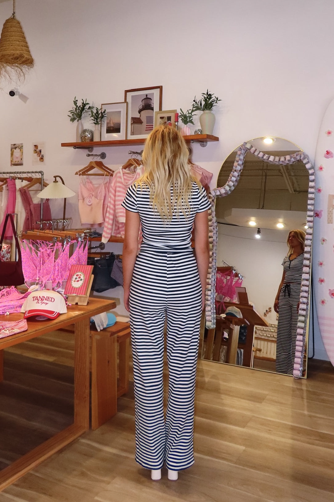 Blue, striped pants with drawstring waist and side pockets, coastal striped matching set, striped lounge set, matching set for summer, co-ord lounge set, cozy summer outfit, beach fashion, summer 2026 fashion trends, trendy matching set