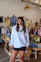 Gray, embroidered teddy bear golf sweatshirt with mock neckline and oversized fit. By Sunkissed Coconut | Pixelated Boutique, 757 Boutique, Virginia Beach Boutique, Golf outfit, embroidered mock neck, oversized mockneck sweatshirt