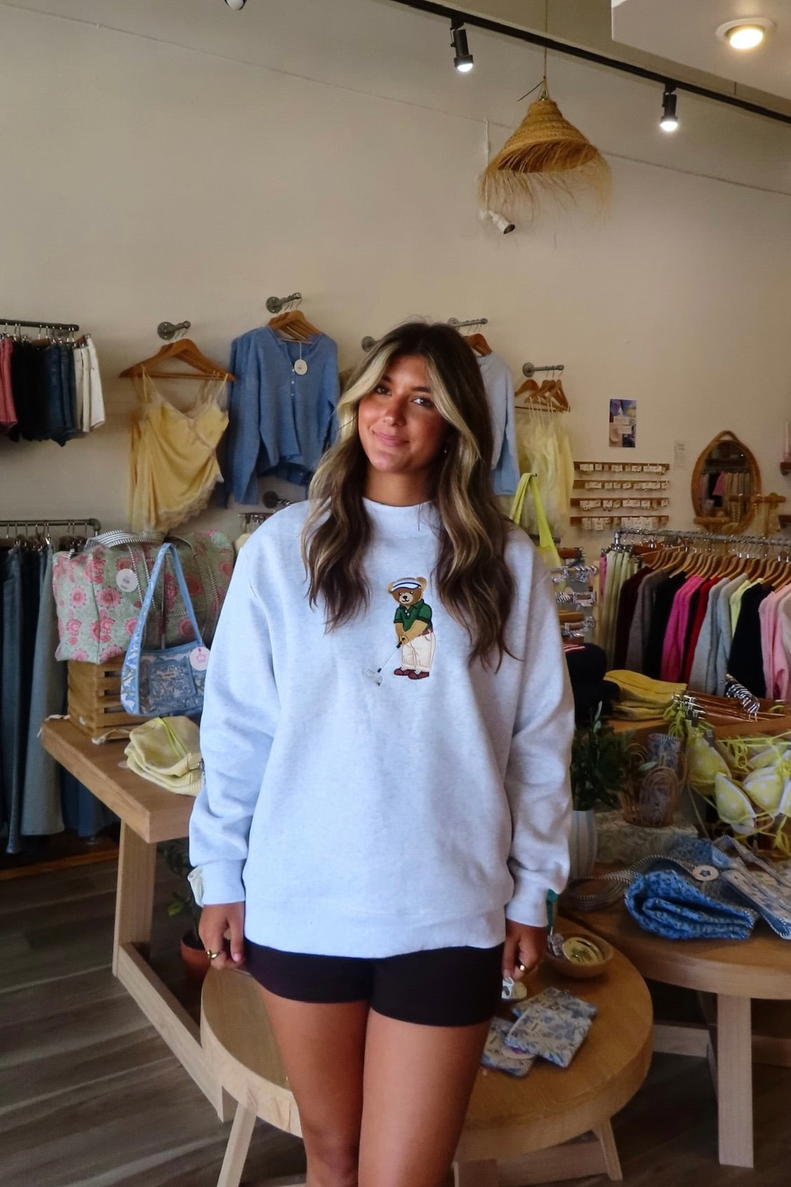 Gray, embroidered teddy bear golf sweatshirt with mock neckline and oversized fit. By Sunkissed Coconut | Pixelated Boutique, 757 Boutique, Virginia Beach Boutique, Golf outfit, embroidered mock neck, oversized mockneck sweatshirt