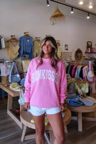 Pink, embroidered sweatshirt with mock neckline and oversized fit. By Sunkissed Coconut | Pixelated Boutique,  Virginia Beach Boutique, 757 Boutique, Online Shopping for Women, Oversized Sunkissed Sweatshirt, Mock Neck Sweatshirt, Summer Sweatshirt