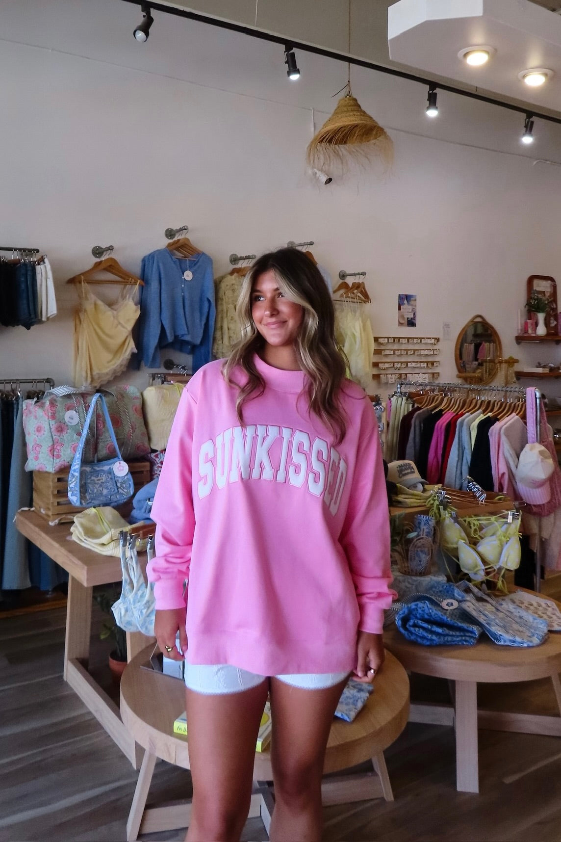 Pink, embroidered sweatshirt with mock neckline and oversized fit. By Sunkissed Coconut | Pixelated Boutique,  Virginia Beach Boutique, 757 Boutique, Online Shopping for Women, Oversized Sunkissed Sweatshirt, Mock Neck Sweatshirt, Summer Sweatshirt