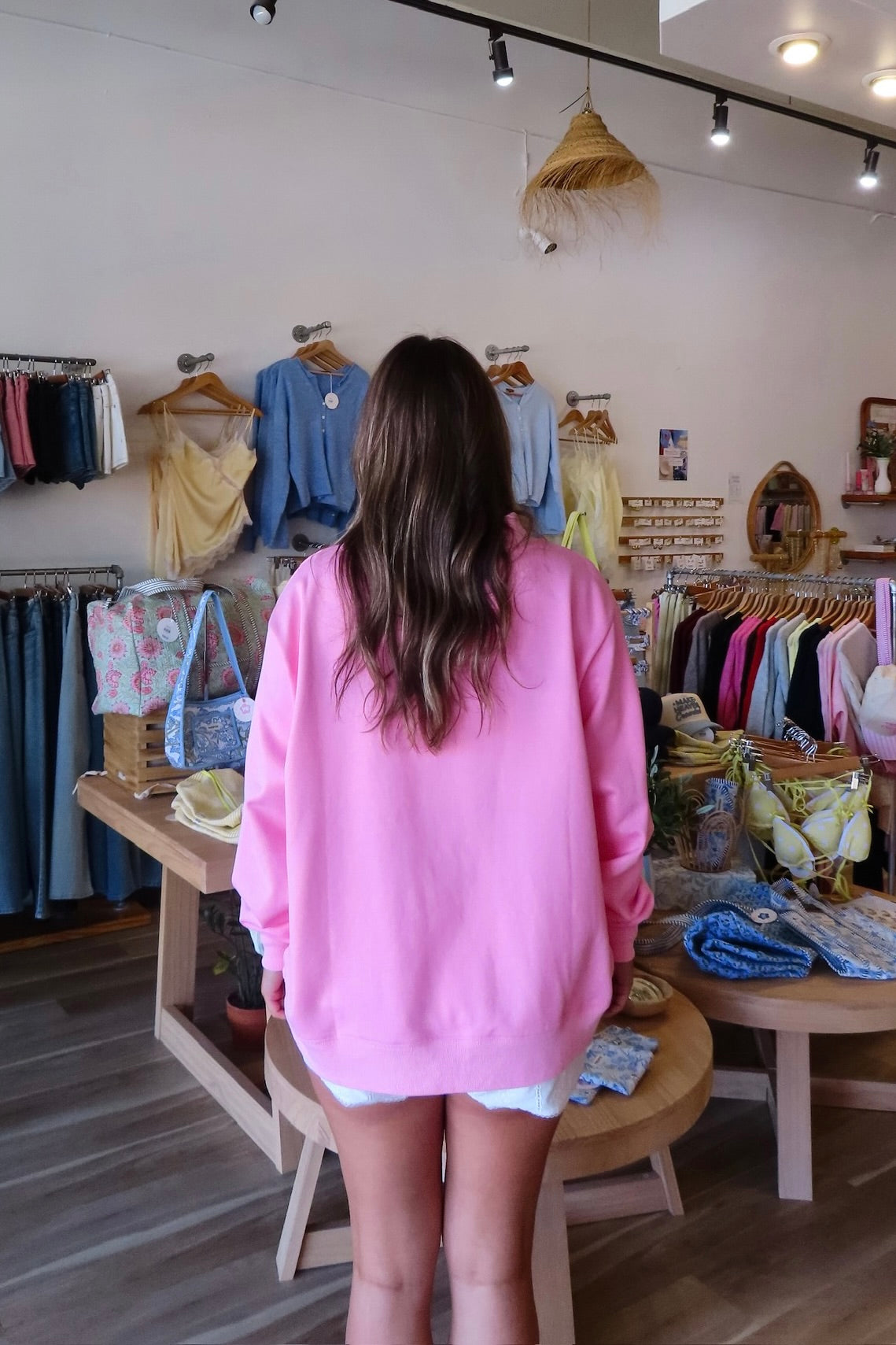 Pink, embroidered sweatshirt with mock neckline and oversized fit. By Sunkissed Coconut | Pixelated Boutique,  Virginia Beach Boutique, 757 Boutique, Online Shopping for Women, Oversized Sunkissed Sweatshirt, Mock Neck Sweatshirt, Summer Sweatshirt