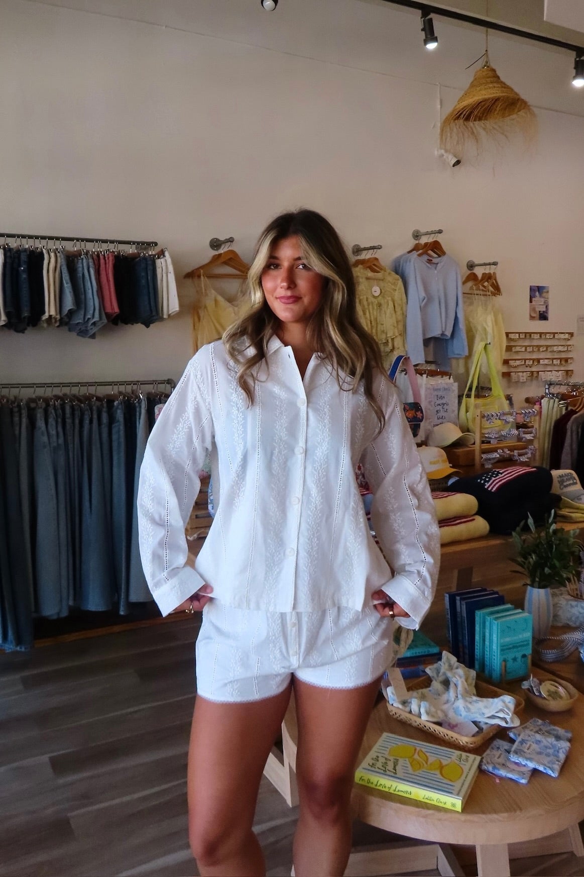 White, eyelet lace broderie shirt with button down, collar, and drop shoulder | Pixelated Boutique, Eyelet lace matching set, white lace top, eyelet lace, button up shirt, women's button down shirt, vacation style, vacation outfit