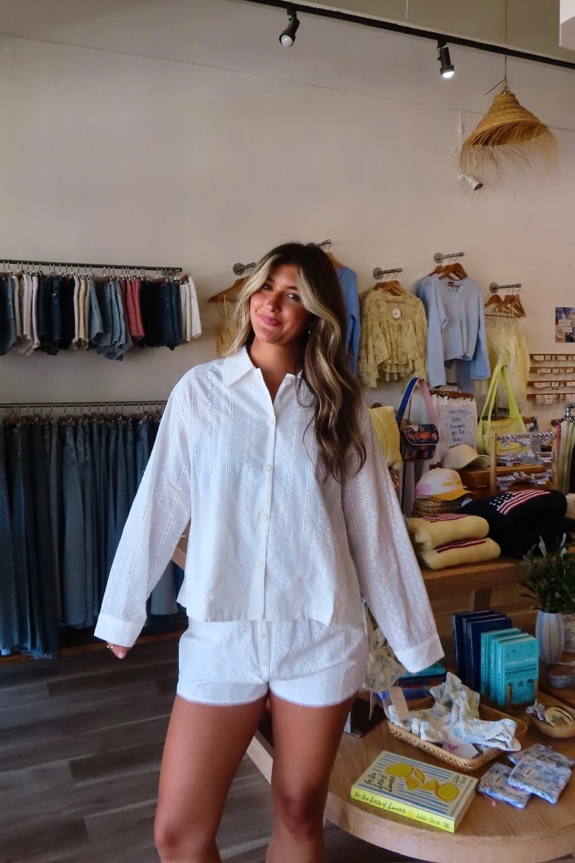 White, eyelet lace broderie shirt with button down, collar, and drop shoulder | Pixelated Boutique, Eyelet lace matching set, white lace top, eyelet lace, button up shirt, women's button down shirt, vacation style, vacation outfit
