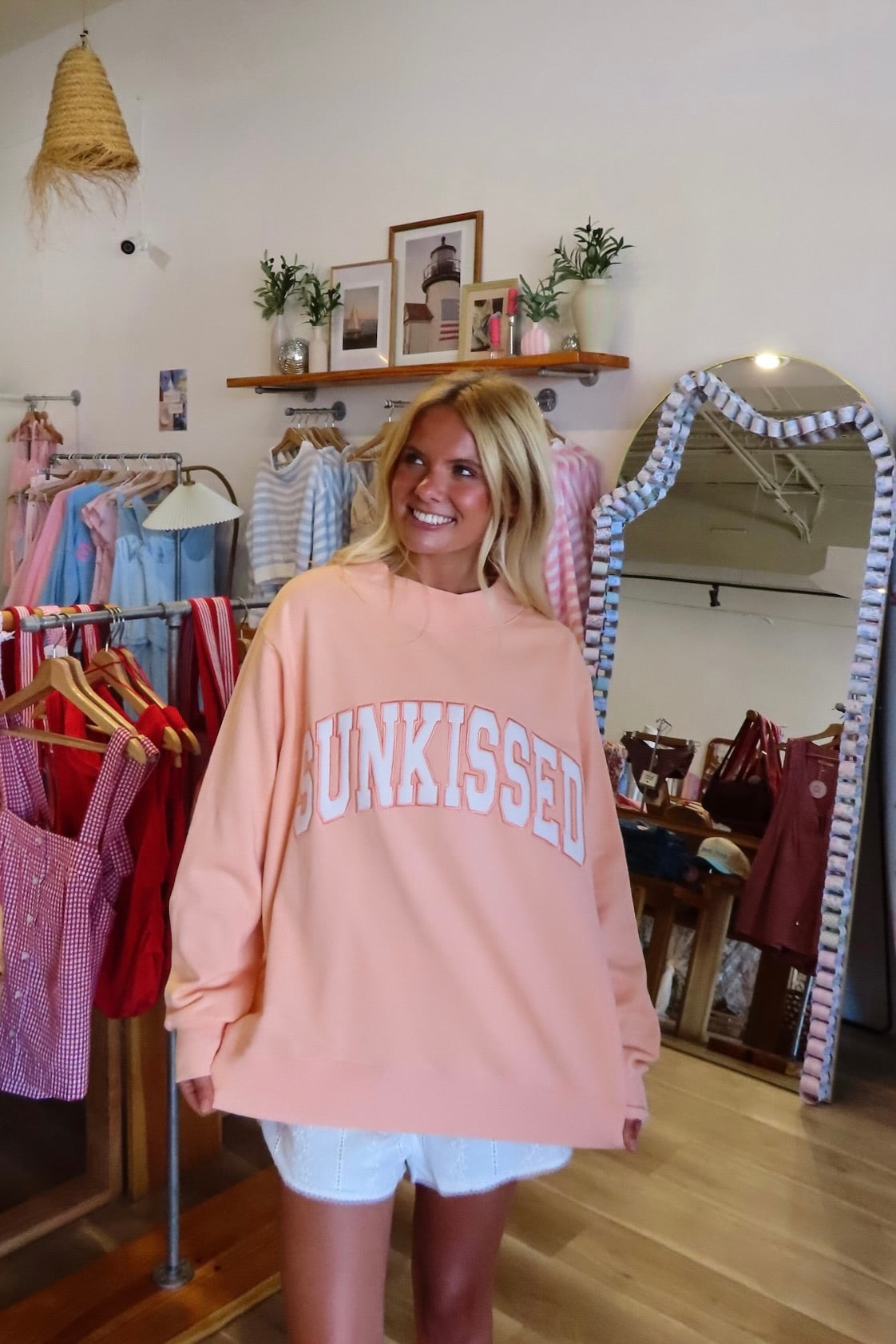 Orange, embroidered sweatshirt with mock neckline and oversized fit. By Sunkissed Coconut | Pixelated Boutique,  Virginia Beach Boutique, 757 Boutique, Online Shopping for Women, Oversized Sunkissed Sweatshirt, Mock Neck Sweatshirt, Summer Sweatshirt