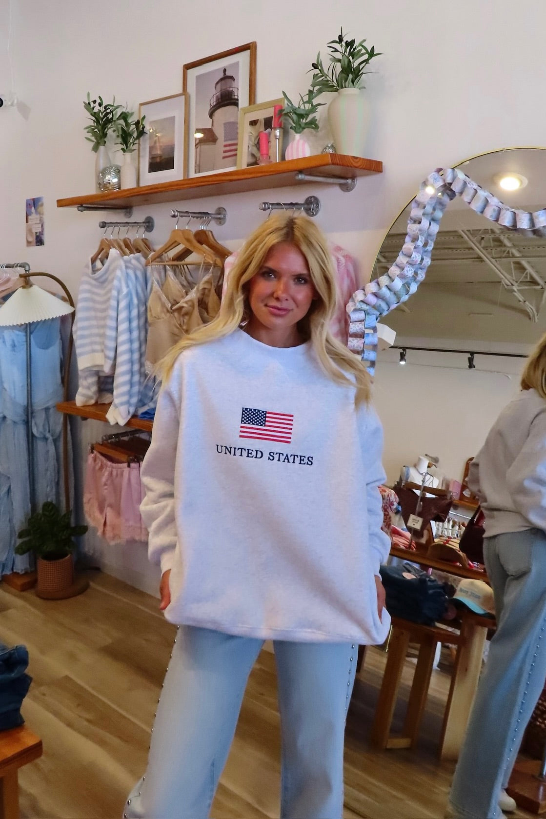 Gray, "United States" American flag embroidered sweatshirt with mock neckline and oversized fit. By Sunkissed Coconut | USA sweatshirt, America mock neck, July 4th outfit, Fourth of July outfit, embroidered mock neck, oversized mockneck sweatshirt