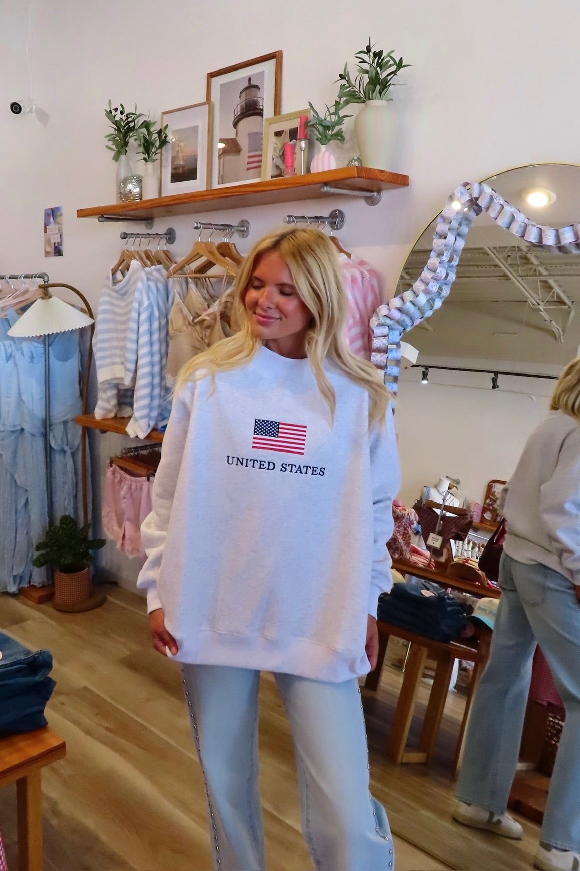 Gray, "United States" American flag embroidered sweatshirt with mock neckline and oversized fit. By Sunkissed Coconut | USA sweatshirt, America mock neck, July 4th outfit, Fourth of July outfit, embroidered mock neck, oversized mockneck sweatshirt