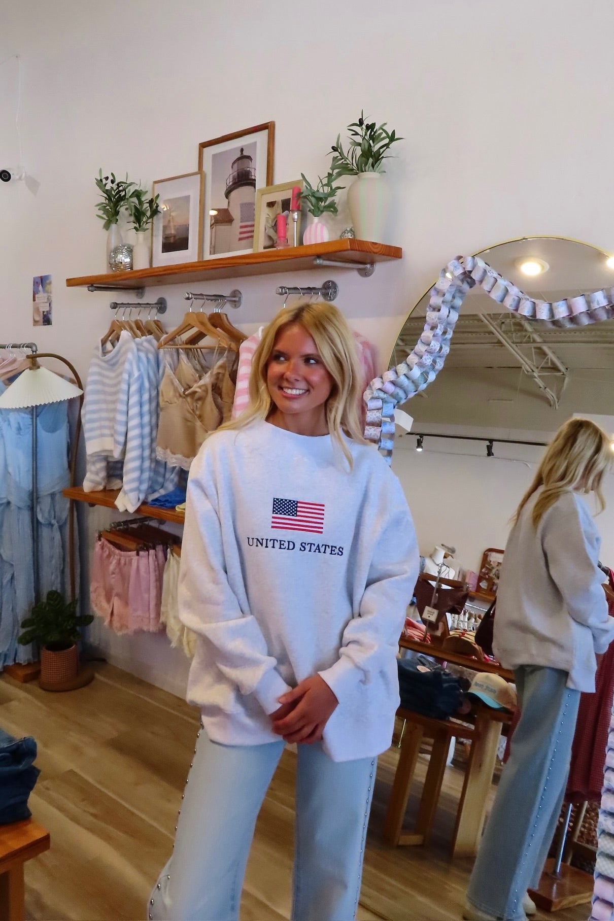 Gray, "United States" American flag embroidered sweatshirt with mock neckline and oversized fit. By Sunkissed Coconut | USA sweatshirt, America mock neck, July 4th outfit, Fourth of July outfit, embroidered mock neck, oversized mockneck sweatshirt