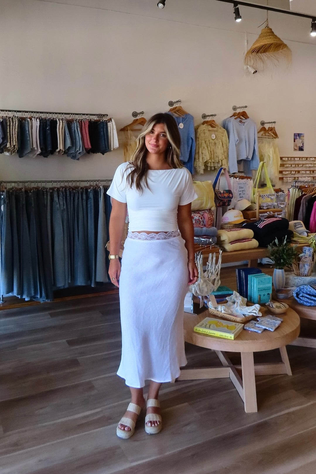 White, linen midi skirt with lace trim, lined interior elastic waistband, and side zipper | Pixelated Boutique, 757 Boutique, Virginia Beach Clothing Stores, Lace skirt, Linen skirt, Lace maxi skirt, Business casual midi skirt, white midi skirt, white lace skirt, vacation outfits