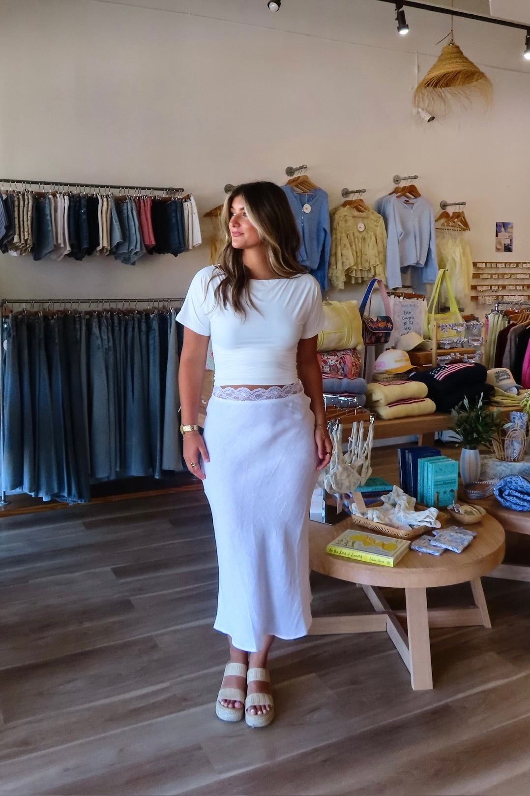 White, linen midi skirt with lace trim, lined interior elastic waistband, and side zipper | Pixelated Boutique, 757 Boutique, Virginia Beach Clothing Stores, Lace skirt, Linen skirt, Lace maxi skirt, Business casual midi skirt, white midi skirt, white lace skirt, vacation outfits