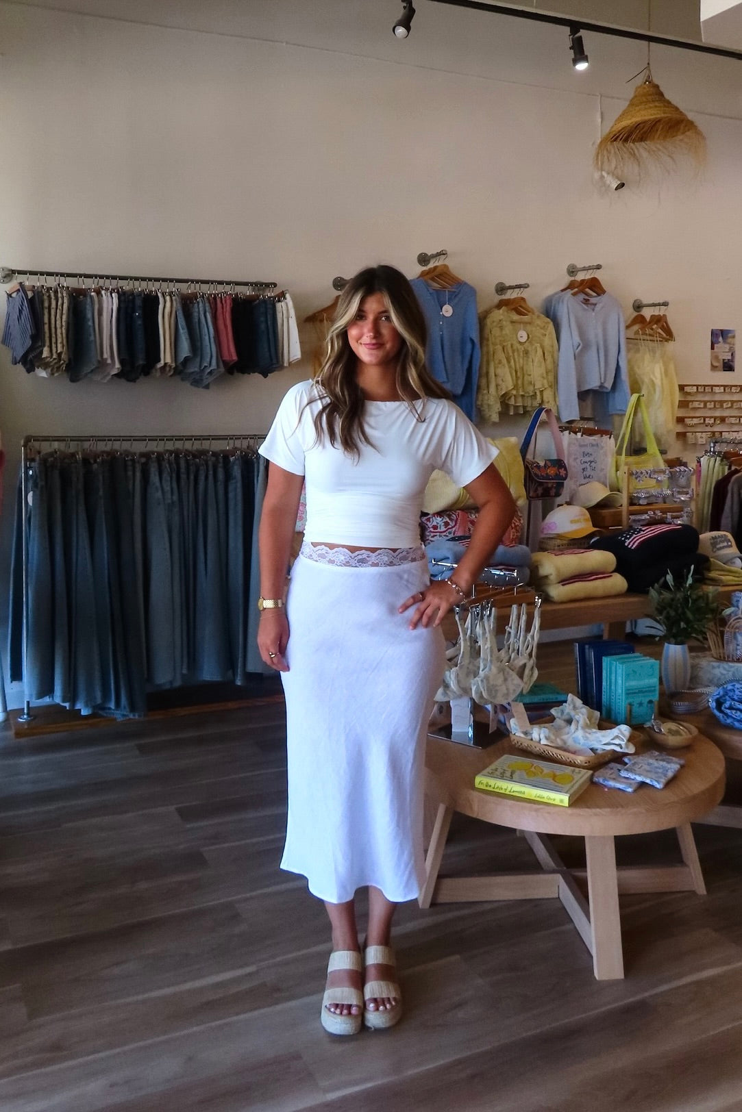 White, linen midi skirt with lace trim, lined interior, elastic waistband, and side zipper | Pixelated Boutique, 757 Boutique, Virginia Beach Clothing Stores, Lace skirt, Linen skirt, Lace maxi skirt, Business casual midi skirt, white midi skirt, white lace skirt, vacation outfits