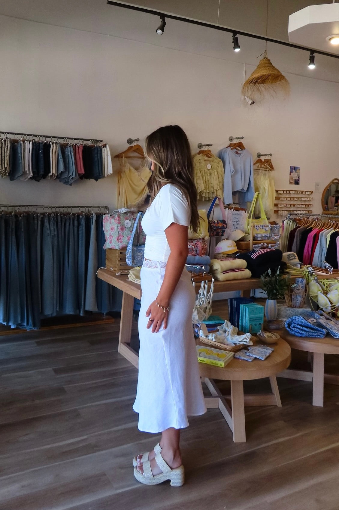White, linen midi skirt with lace trim, lined interior elastic waistband, and side zipper | Pixelated Boutique, 757 Boutique, Virginia Beach Clothing Stores, Lace skirt, Linen skirt, Lace maxi skirt, Business casual midi skirt, white midi skirt, white lace skirt, vacation outfits