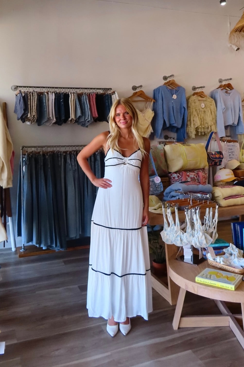 White, contrast trim maxi dress with sweetheart neckline, front keyhole, beaded straps, tiered hem, and back tie | Pixelated Boutique, Virginia Beach Boutique, white maxi dress, white lace dress, boho maxi dress, bridal shower dress, bachelorette dress, graduation dress