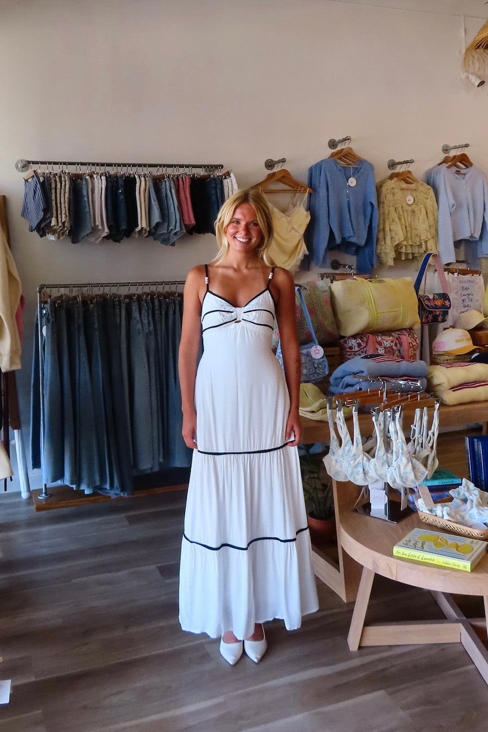 White, contrast trim maxi dress with sweetheart neckline, front keyhole, beaded straps, tiered hem, and back tie | Pixelated Boutique, Virginia Beach Boutique, white maxi dress, white lace dress, boho maxi dress, bridal shower dress, bachelorette dress, graduation dress