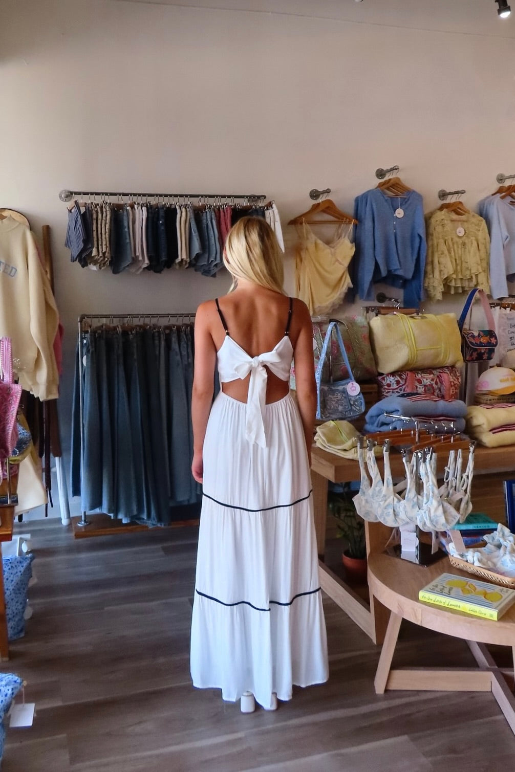 White, contrast trim maxi dress with sweetheart neckline, front keyhole, beaded straps, tiered hem, and back tie | Pixelated Boutique, Virginia Beach Boutique, white maxi dress, white lace dress, boho maxi dress, bridal shower dress, bachelorette dress, graduation dress