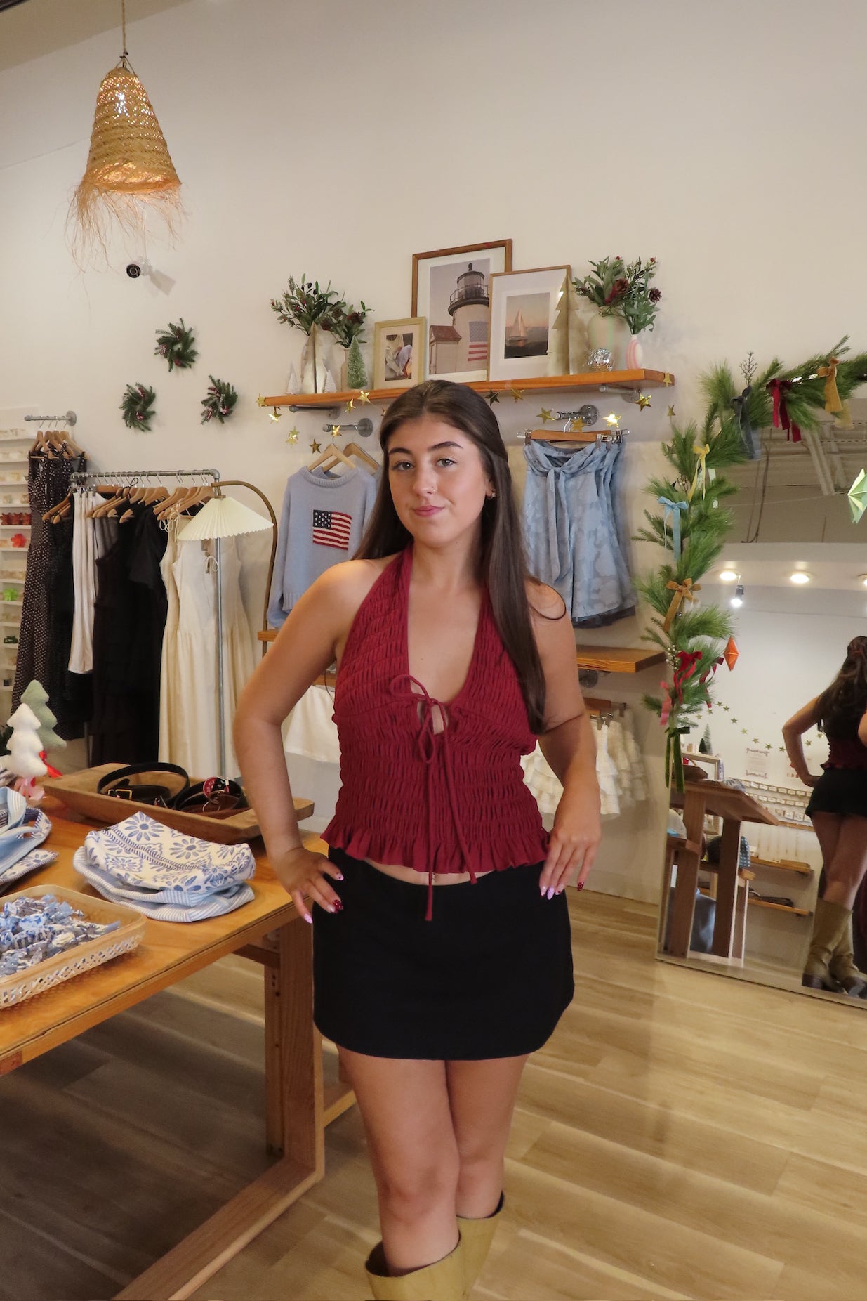 Pixelated Boutique, Women's Clothing, Outfit Inspo Winter, Winter fashion outfits, winter fashion Inspo, Winter fits, winter fashion inspo, winter dresses, women’s winter outfit 2025, outfit ideas, fashion, winter aesthetic, school outfits, women’s winter outfit, winter style, cozy style, warm winter outfits, winter school outfit, Going out top, red halter top 