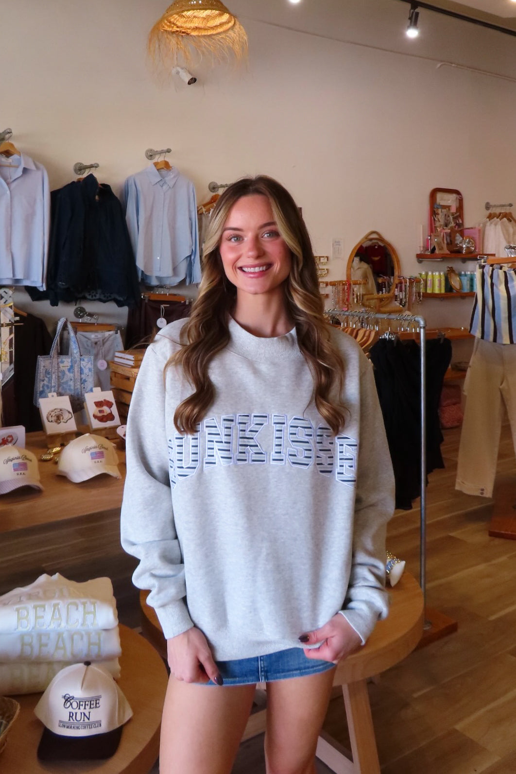 Gray, embroidered sweatshirt with mock neckline and oversized fit. By Sunkissed Coconut | Pixelated Boutique, Boutique Shopping in Virginia Beach, Loungewear Set, Chic Lounge Set, Matching Lounge Set, Women’s Loungewear, Lounge Set for Winter, Cozy Fall Outfit, Fall Fashion, Winter Layering, Winter Lounge Pants for Women