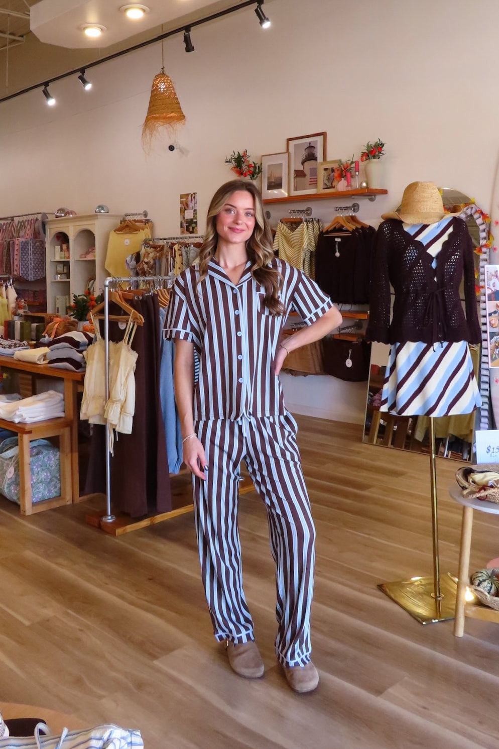 Brown, striped pajama top and pants set with ribbed bamboo fabric, contrast trim, button front, collar, and drawstring waist | Pixelated Boutique, Virginia Beach Boutique, Matching Pajama Set, Women’s PJ Set, Women’s Sleepwear, Cute Pajama Set, Matching Sleep Set, Slumber Party Outfit
