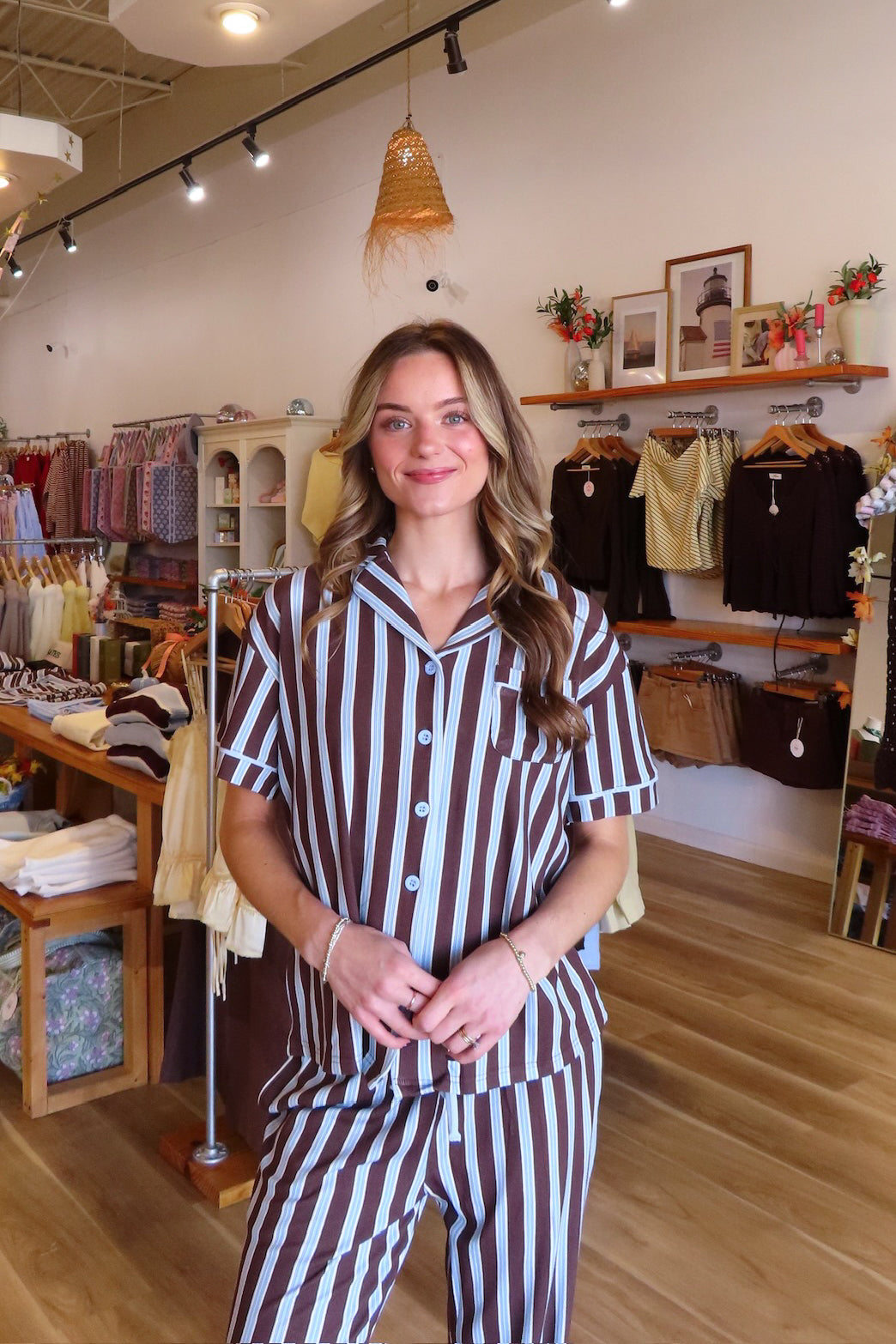 Brown, striped pajama top and pants set with ribbed bamboo fabric, contrast trim, button front, collar, and drawstring waist | Pixelated Boutique, Virginia Beach Boutique, Matching Pajama Set, Women’s PJ Set, Women’s Sleepwear, Cute Pajama Set, Matching Sleep Set, Slumber Party Outfit
