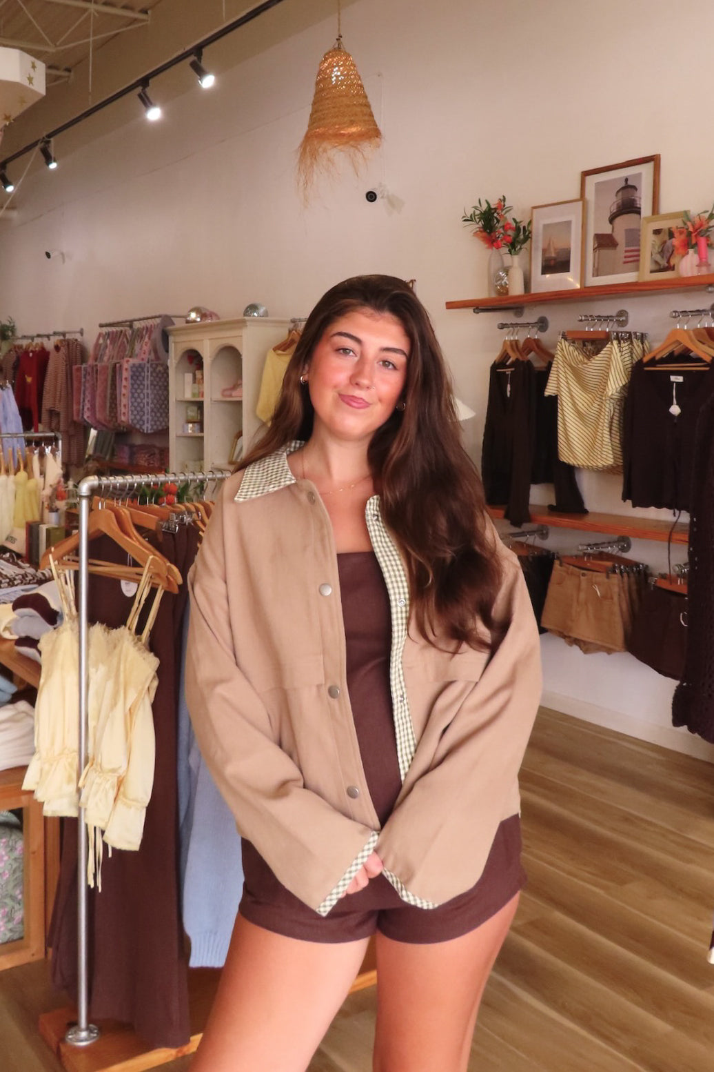 Brown, canvas jacket with green and white gingham contrast, collar, snap buttons, and oversized fit | Pixelated Boutique, Statement Jacket, Fall Fashion, Stylish Women’s Jacket, Fall Outerwear, Autumn Fashion, Fall Outfits Women, Fall Fashion 2026, Faux Leather Jacket, Women’s Jackets, Women’s Layering Pieces, Fall Outerwear Women