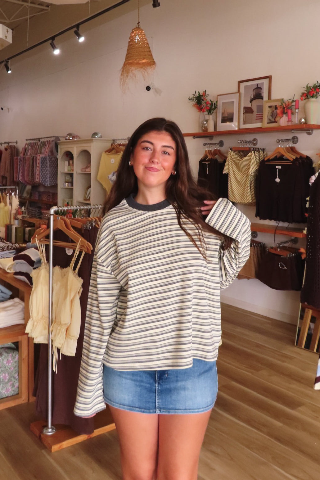Gray, striped top with long sleeves, drop shoulder, and oversized fit | Pixelated Boutique, Virginia Beach Clothing Stores, Clothing Stores in Virginia Beach, Virginia Beach Boutique, 757 Boutique, Beach Fashion, Vacation Style, Coastal Cowgirl Aesthetic

