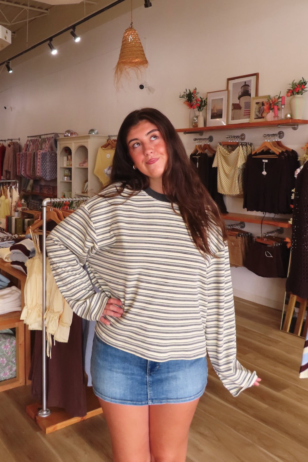Gray, striped top with long sleeves, drop shoulder, and oversized fit | Pixelated Boutique, Virginia Beach Clothing Stores, Clothing Stores in Virginia Beach, Virginia Beach Boutique, 757 Boutique, Beach Fashion, Vacation Style, Coastal Cowgirl Aesthetic
