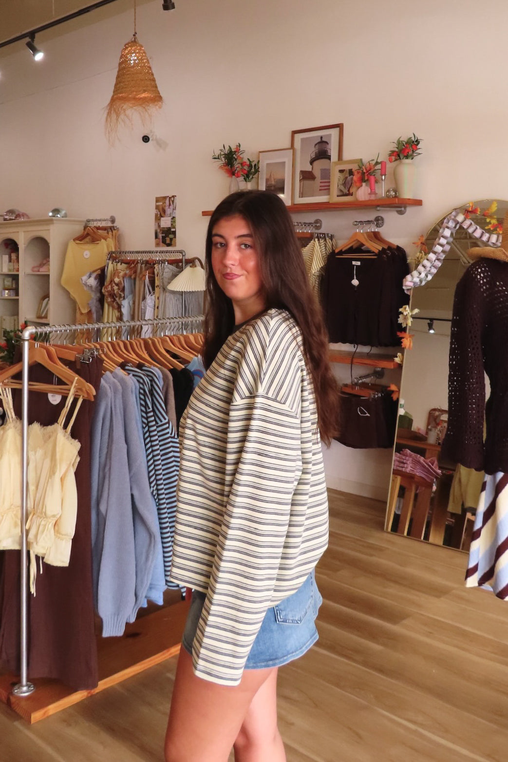 Gray, striped top with long sleeves, drop shoulder, and oversized fit | Pixelated Boutique, Virginia Beach Clothing Stores, Clothing Stores in Virginia Beach, Virginia Beach Boutique, 757 Boutique, Beach Fashion, Vacation Style, Coastal Cowgirl Aesthetic

