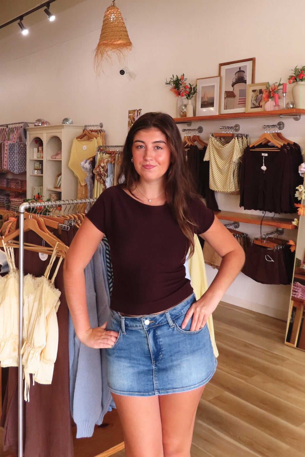 Brown, ribbed tee with boat neckline, cinched waist, and rolled hem | Pixelated Boutique, Virginia Beach Clothing Stores, Clothing Stores in Virginia Beach, Virginia Beach Boutique, 757 Boutique, Beach Fashion, Vacation Style, Coastal Cowgirl Aesthetic