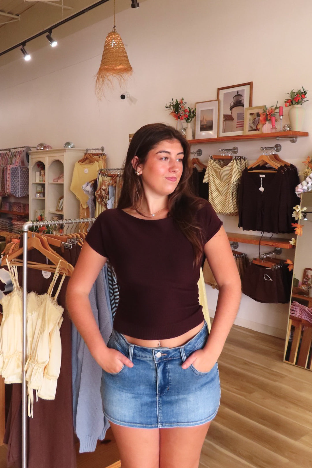 Brown, ribbed tee with boat neckline, cinched waist, and rolled hem | Pixelated Boutique, Virginia Beach Clothing Stores, Clothing Stores in Virginia Beach, Virginia Beach Boutique, 757 Boutique, Beach Fashion, Vacation Style, Coastal Cowgirl Aesthetic