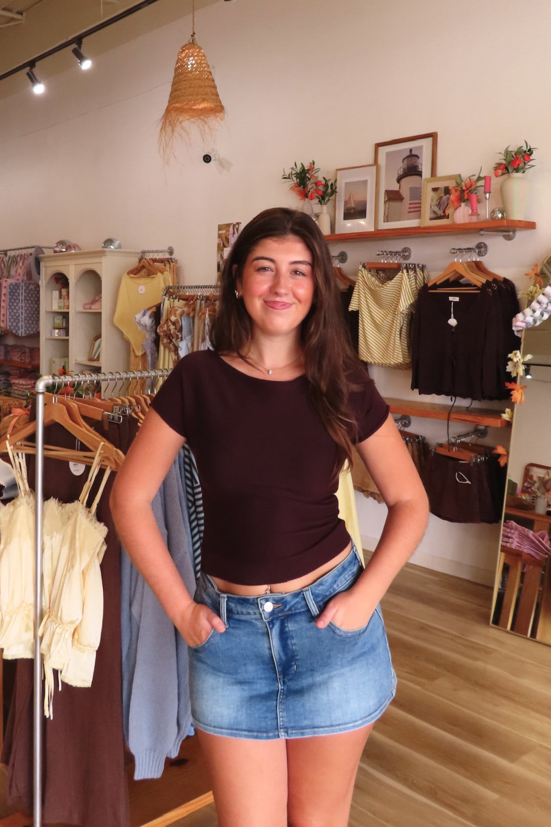 Brown, ribbed tee with boat neckline, cinched waist, and rolled hem | Pixelated Boutique, Virginia Beach Clothing Stores, Clothing Stores in Virginia Beach, Virginia Beach Boutique, 757 Boutique, Beach Fashion, Vacation Style, Coastal Cowgirl Aesthetic