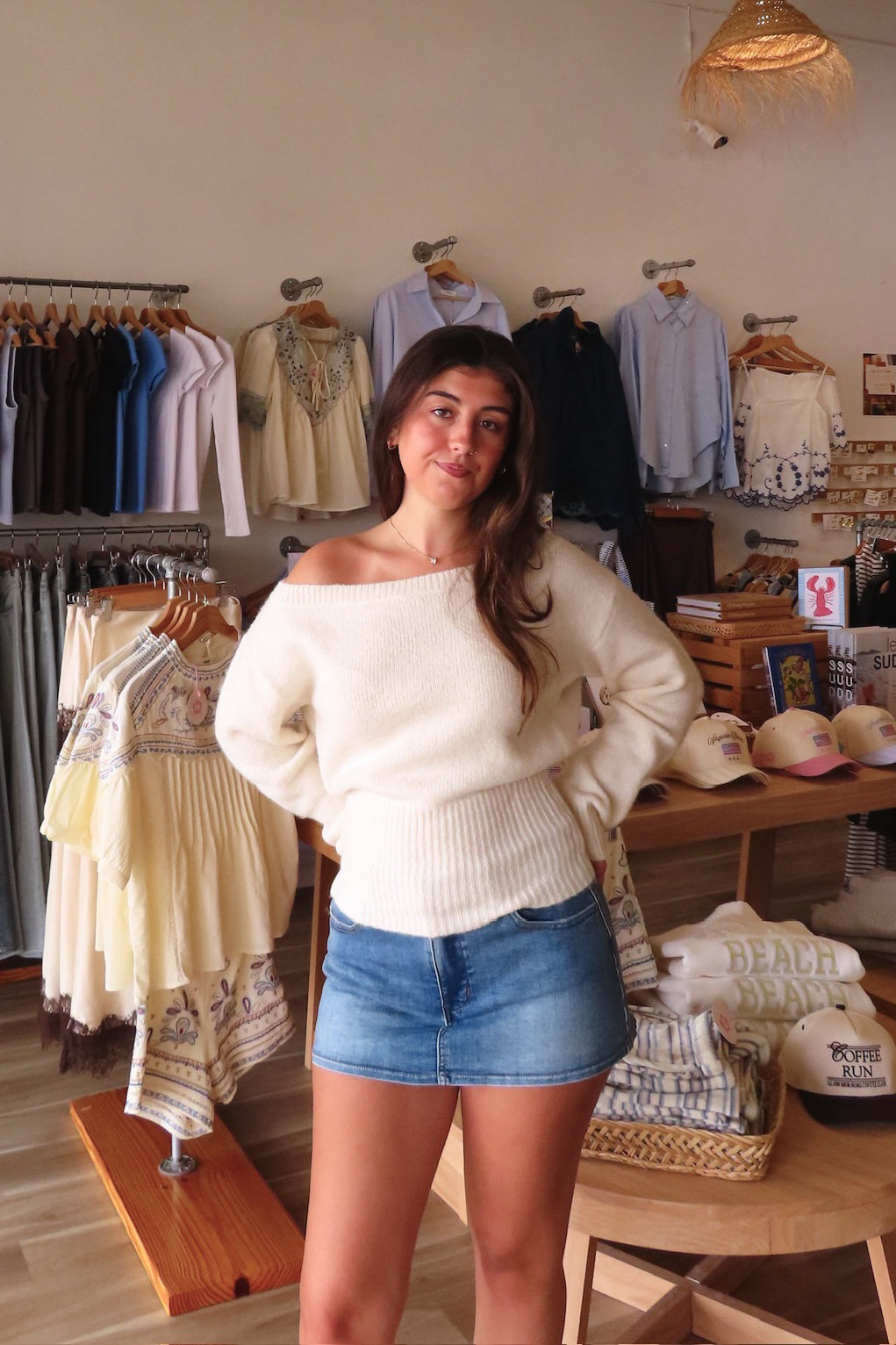 Cream, knit sweater and off shoulder neckline, cinched waist, and ribbed hem | Pixelated Boutique, Boutique Shopping in Virginia Beach, Women’s Boutique, Fall Fashion, Fall Dresses, Back to School Shopping, Trendy Fall Outfits, Women’s Fall Clothing, Casual Fall Outfits, Cozy Sweater
