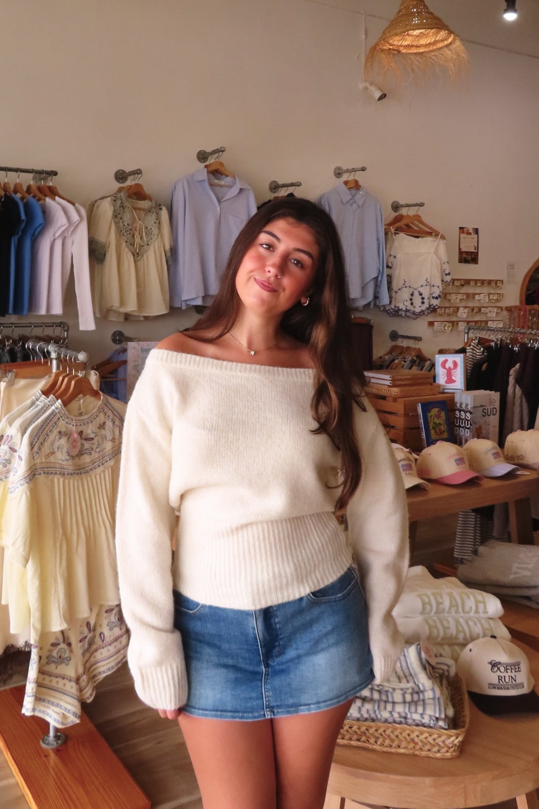 Cream, knit sweater and off shoulder neckline, cinched waist, and ribbed hem | Pixelated Boutique, Boutique Shopping in Virginia Beach, Women’s Boutique, Fall Fashion, Fall Dresses, Back to School Shopping, Trendy Fall Outfits, Women’s Fall Clothing, Casual Fall Outfits, Cozy Sweater

