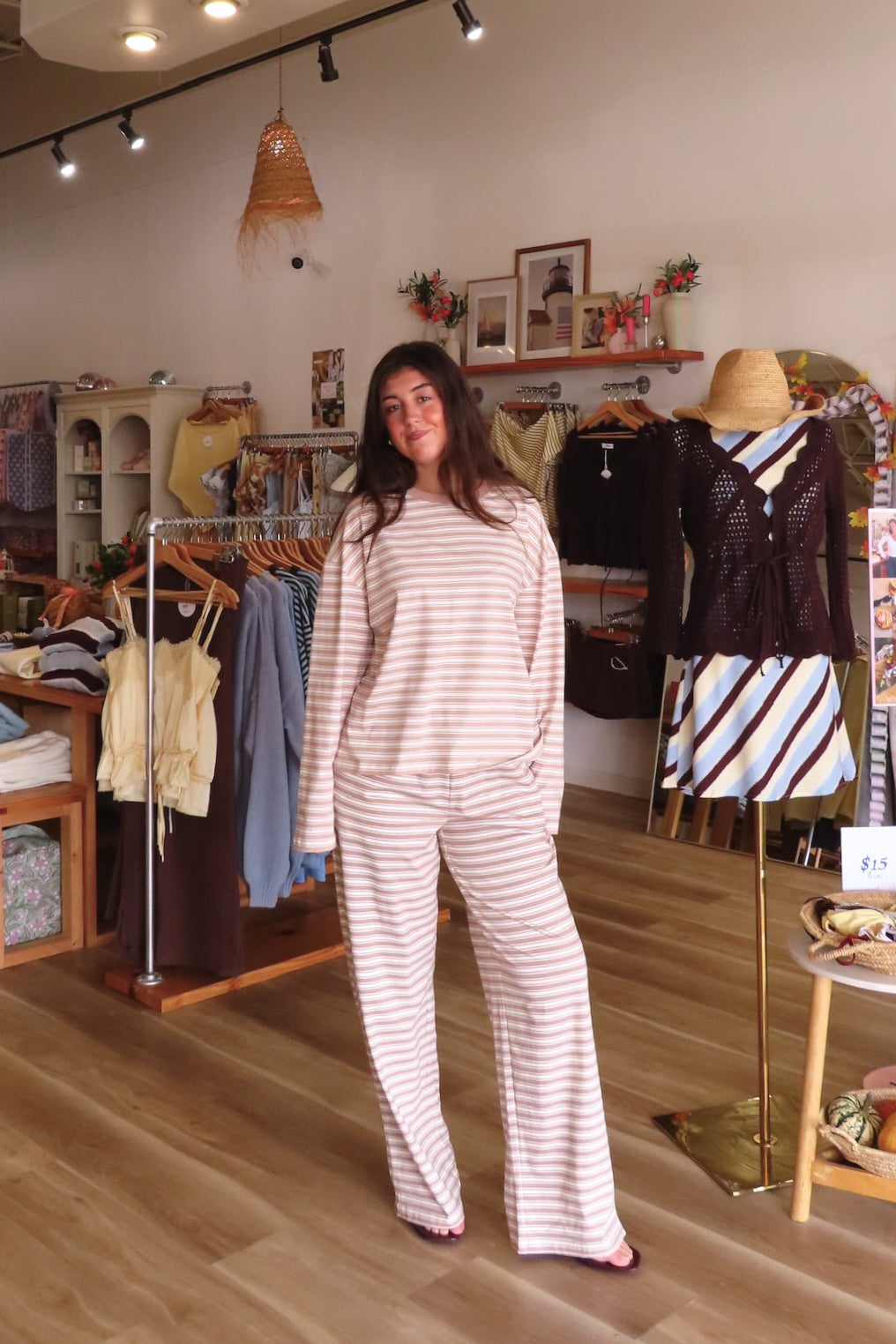 Tan, striped top with crew neckline, long sleeves, and drop shoulder | Pixelated Boutique, Boutique Shopping in Virginia Beach, Loungewear Set, Chic Lounge Set, Matching Lounge Set, Women’s Loungewear, Lounge Set for Winter, Cozy Fall Outfit, Fall Fashion, Winter Layering, Winter Lounge Pants for Women
