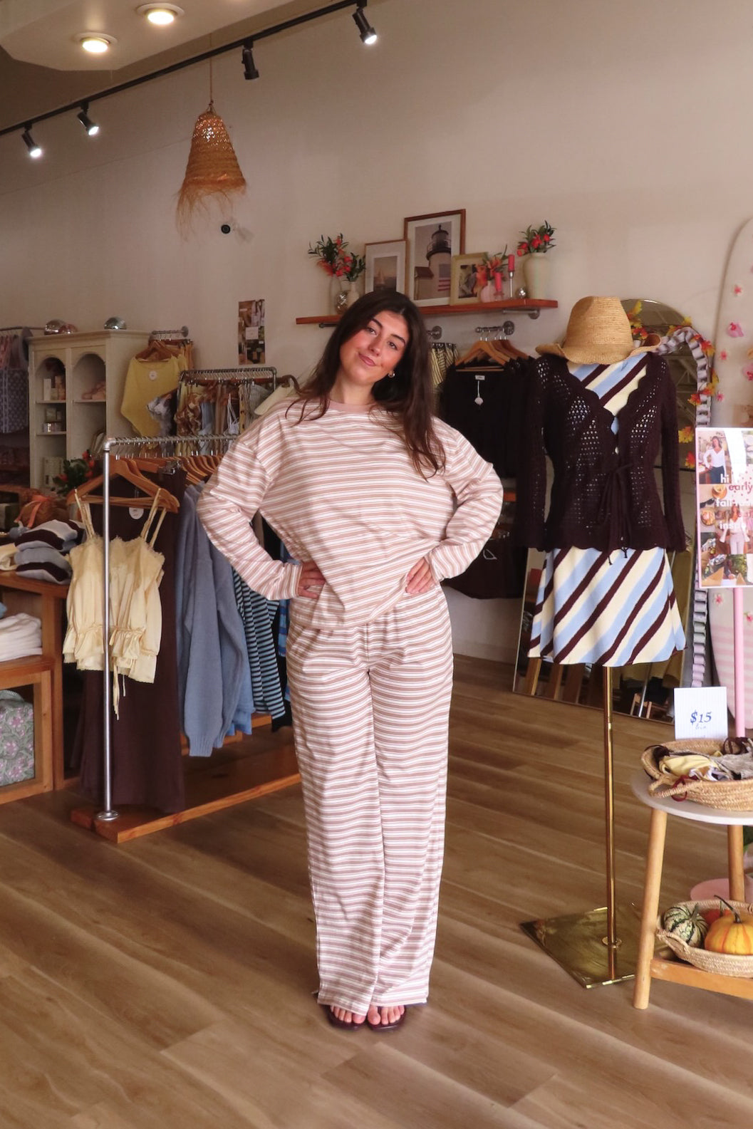 Tan, striped knit pants with wide leg, side pockets, and elastic waistband | Pixelated Boutique, Boutique Shopping in Virginia Beach, Loungewear Set, Chic Lounge Set, Matching Lounge Set, Women’s Loungewear, Lounge Set for Winter, Cozy Fall Outfit, Fall Fashion, Winter Layering, Winter Lounge Pants for Women